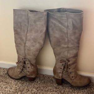 Taupe knee high boots with tie detail